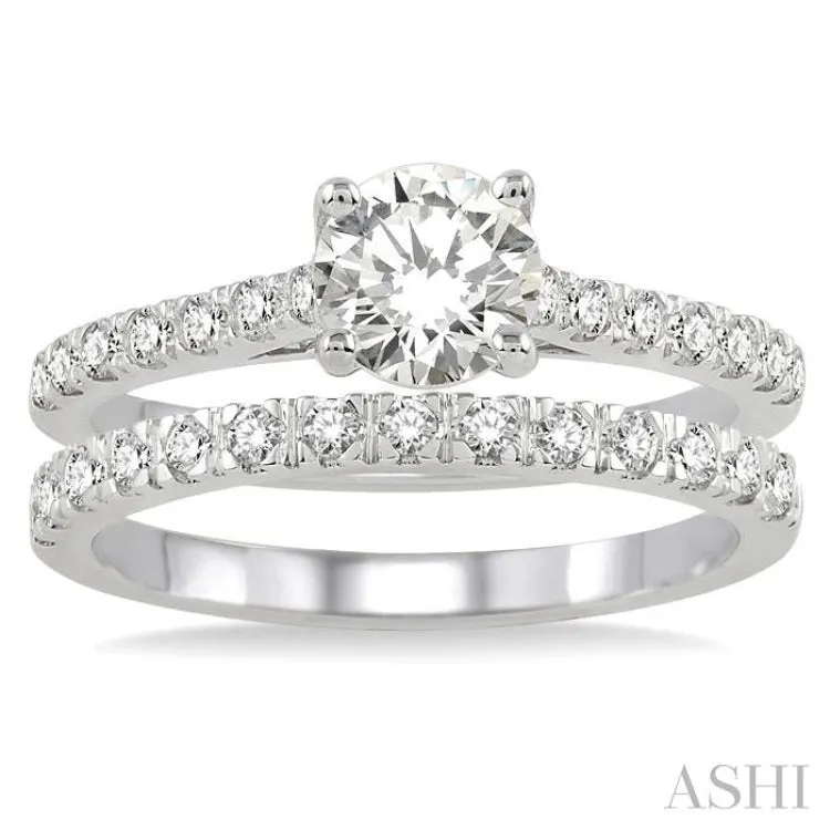 1 1/10 Ctw Diamond Wedding Set with 3/4 Ctw Round Cut Engagement Ring and 1/3 Ctw Wedding Band in 14K White Gold