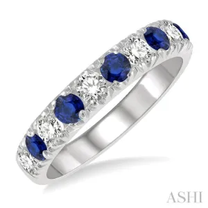 1/2 ctw Round Cut Diamond and 2.9MM Sapphire Precious Wedding Band in 14K White Gold