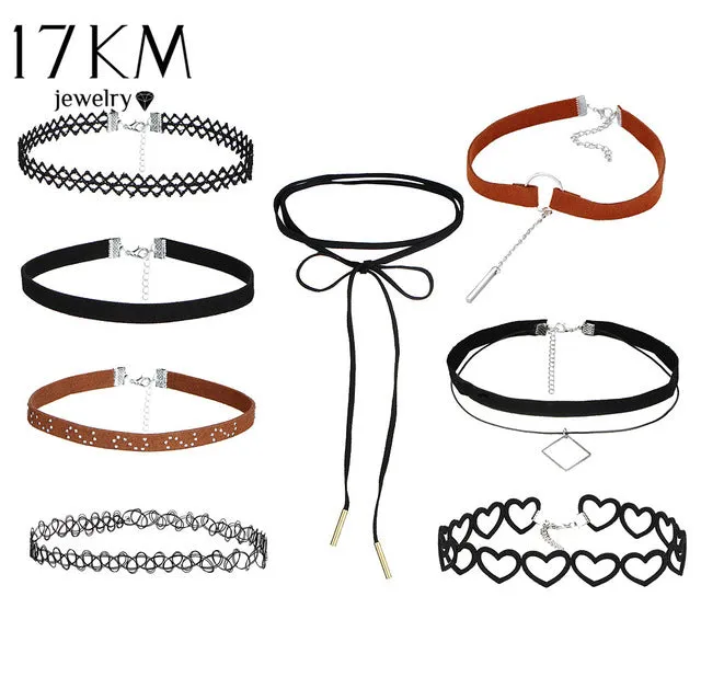 17KM Beads Crystal Heart Necklace Leather Lace Flower Choker Necklace for Women Stone Infinity Jewelry Gifts 6 PCS/set PU