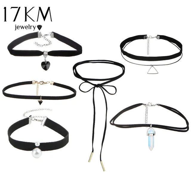 17KM Beads Crystal Heart Necklace Leather Lace Flower Choker Necklace for Women Stone Infinity Jewelry Gifts 6 PCS/set PU