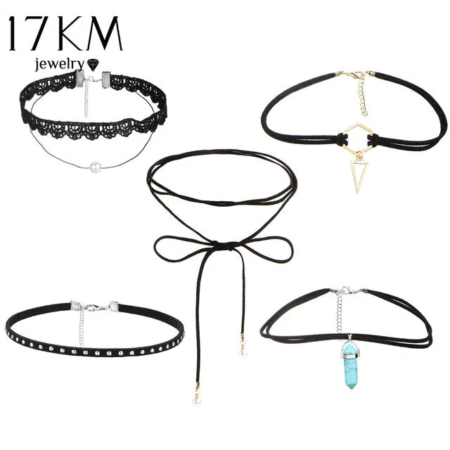 17KM Beads Crystal Heart Necklace Leather Lace Flower Choker Necklace for Women Stone Infinity Jewelry Gifts 6 PCS/set PU