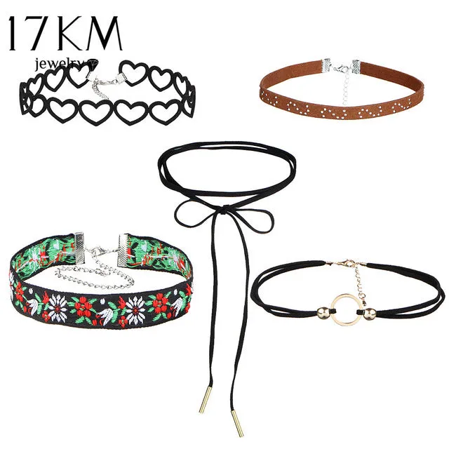 17KM Beads Crystal Heart Necklace Leather Lace Flower Choker Necklace for Women Stone Infinity Jewelry Gifts 6 PCS/set PU