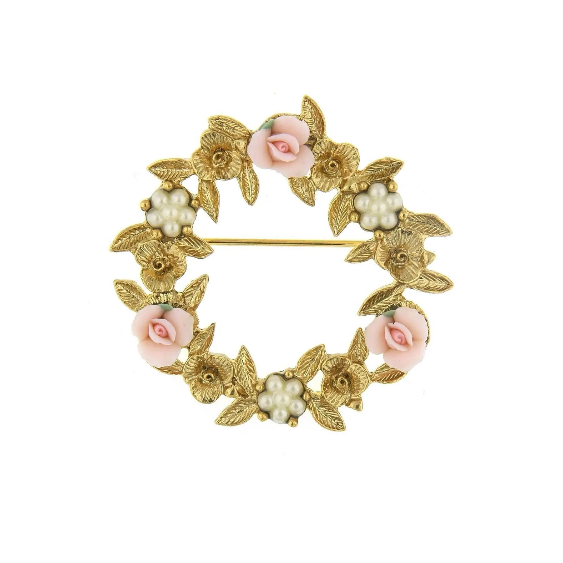 1928 Bridal Pink Porcelain Rose Wreath Brooch