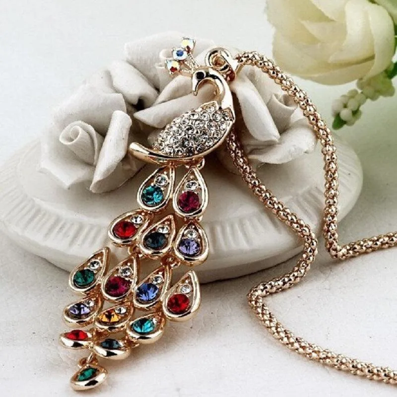 2020 New Peacock Long Colorful Crystal Necklaces & Pendants Romantic Couples Gifts Jewelry