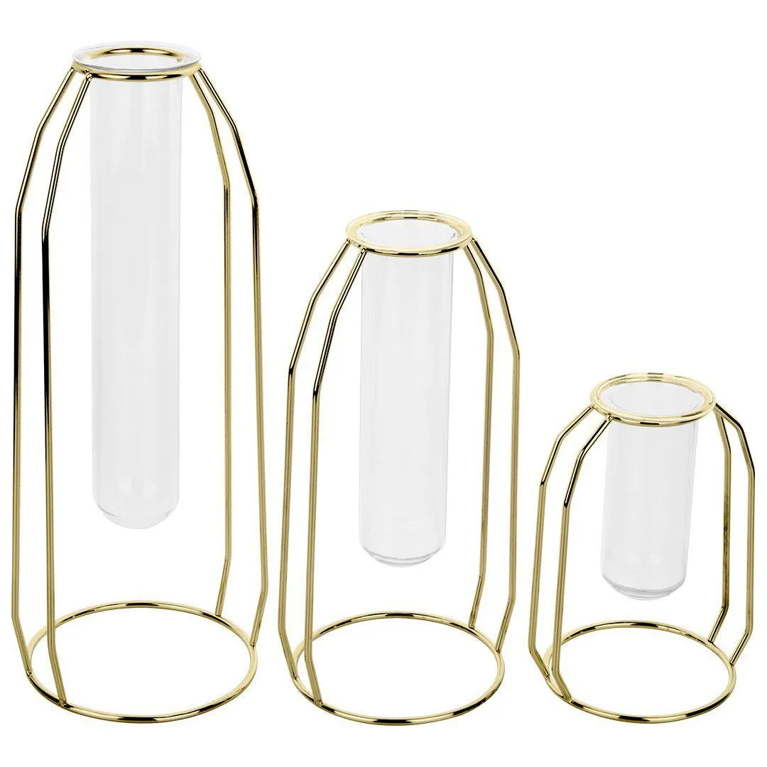 3 Piece Modern Metal Glass Test Tube Bud Vases