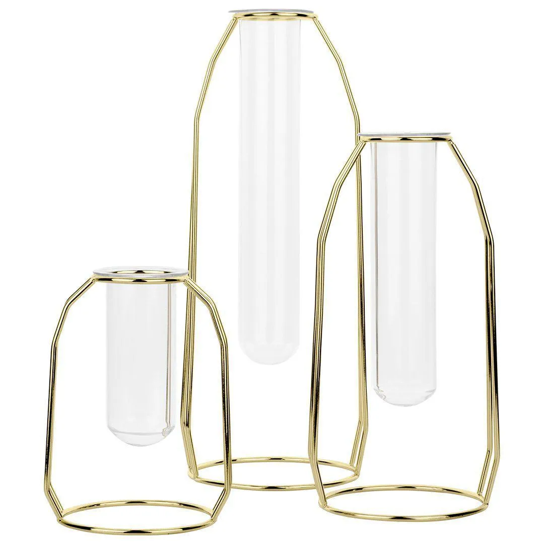 3 Piece Modern Metal Glass Test Tube Bud Vases