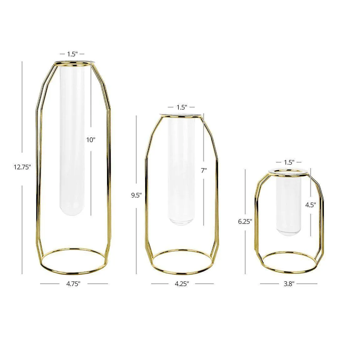 3 Piece Modern Metal Glass Test Tube Bud Vases