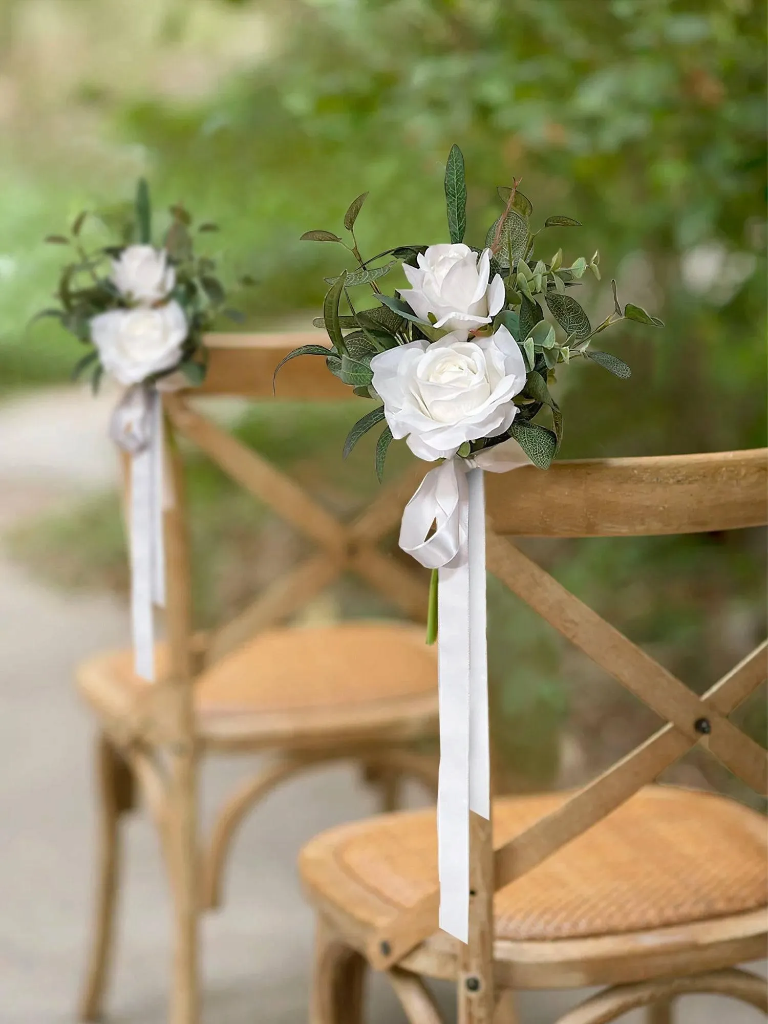 6Pcs White Rose & Olive Leaves Aisle Flower Arrangement