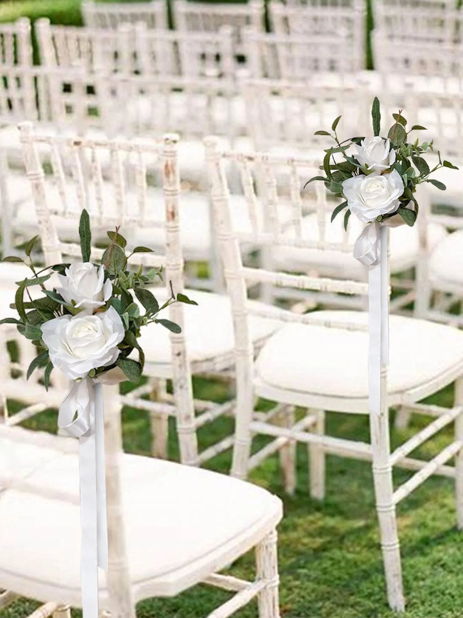 6Pcs White Rose & Olive Leaves Aisle Flower Arrangement