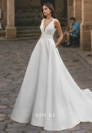 A-Line V-Neck Wedding Dress Spaghetti Straps Satin Bridal Dress with Train