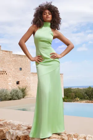 Adoria | Light Green Satin High-Neck Maxi Dress