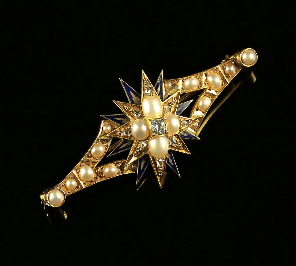 Antique Diamond Pearl Brooch In Original Box 18Ct Gold Blue Enamel