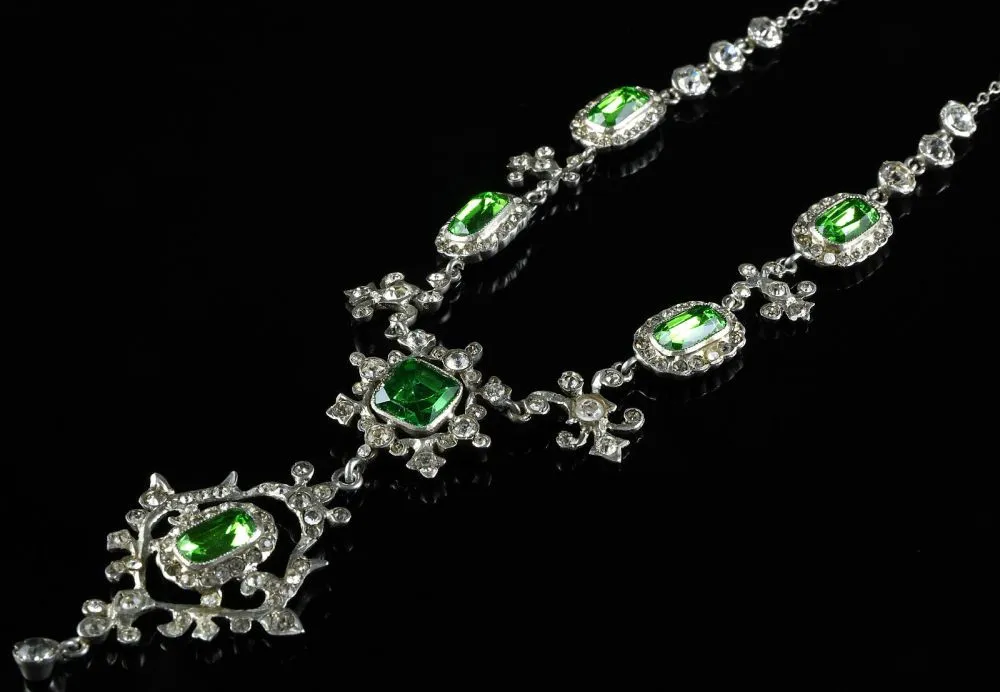 Antique Edwardian Green White Paste Necklace Silver Circa 1910