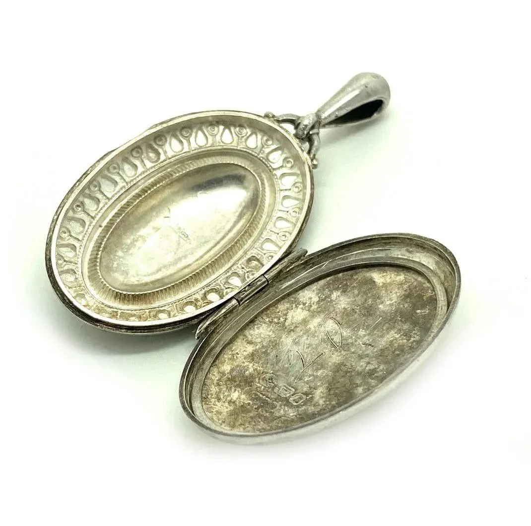 Antique Victorian 1883 Oval Silver Locket Necklace