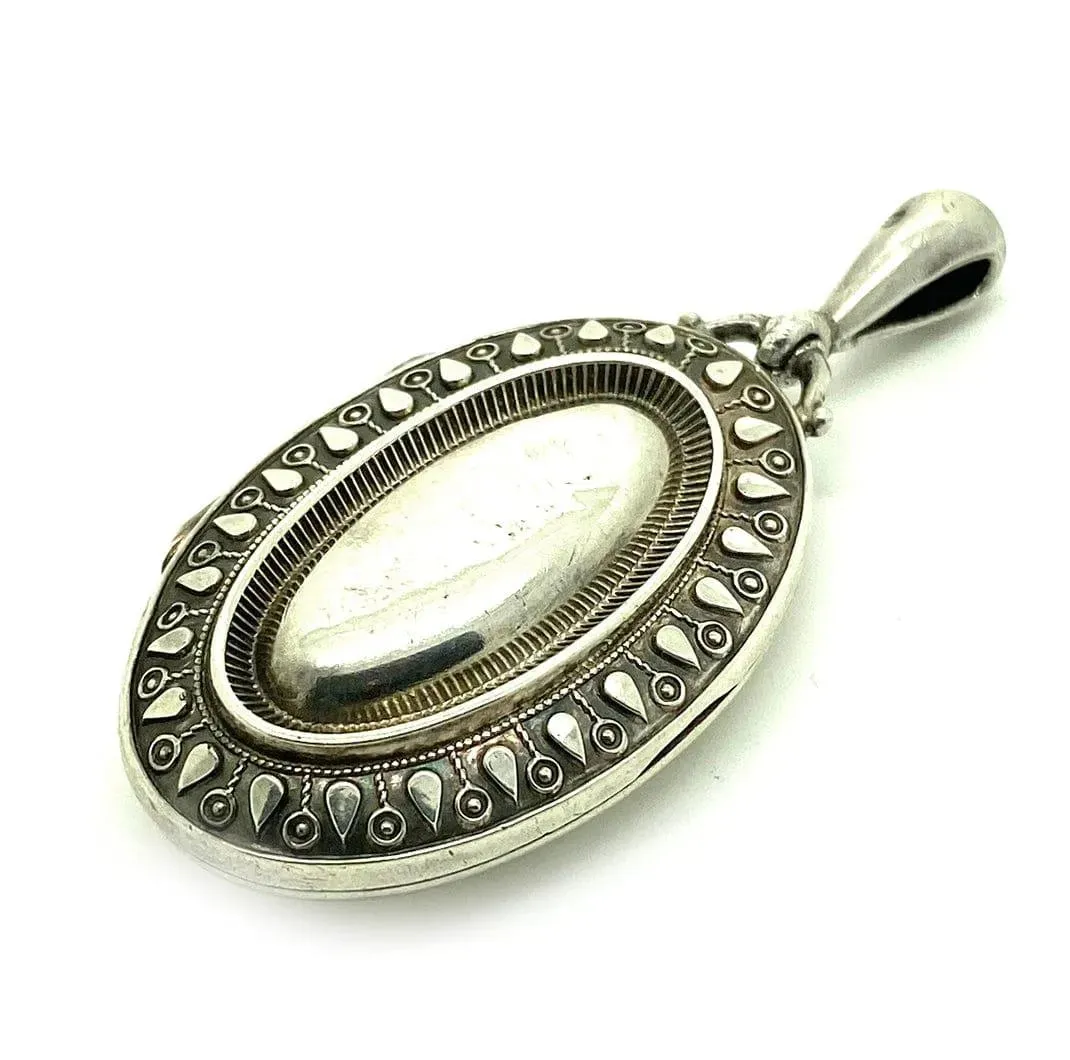 Antique Victorian 1883 Oval Silver Locket Necklace