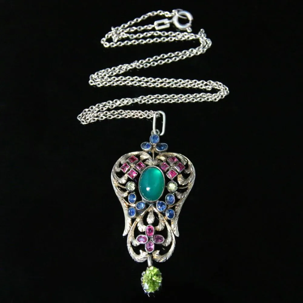 Antique Victorian Emerald Ruby Sapphire Pendant & Chain Circa 1880