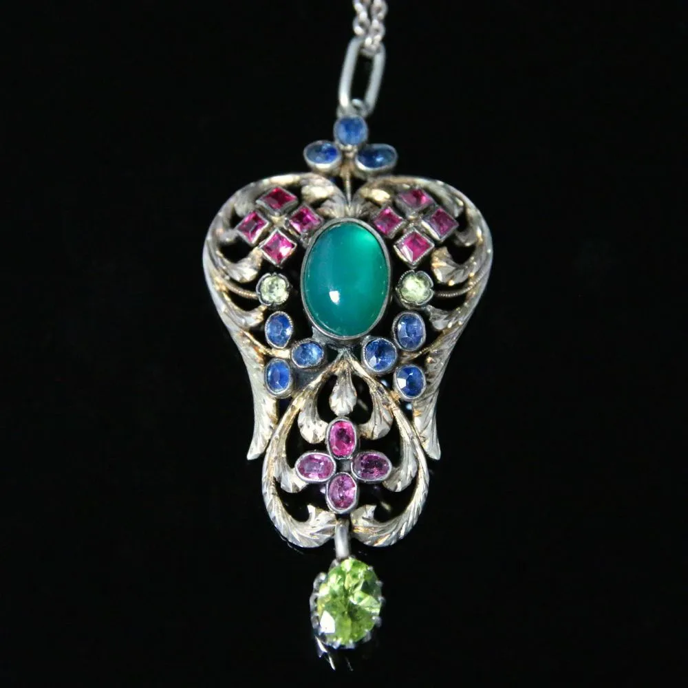 Antique Victorian Emerald Ruby Sapphire Pendant & Chain Circa 1880