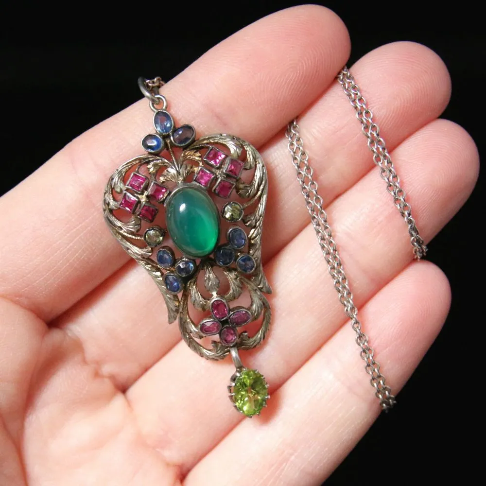 Antique Victorian Emerald Ruby Sapphire Pendant & Chain Circa 1880