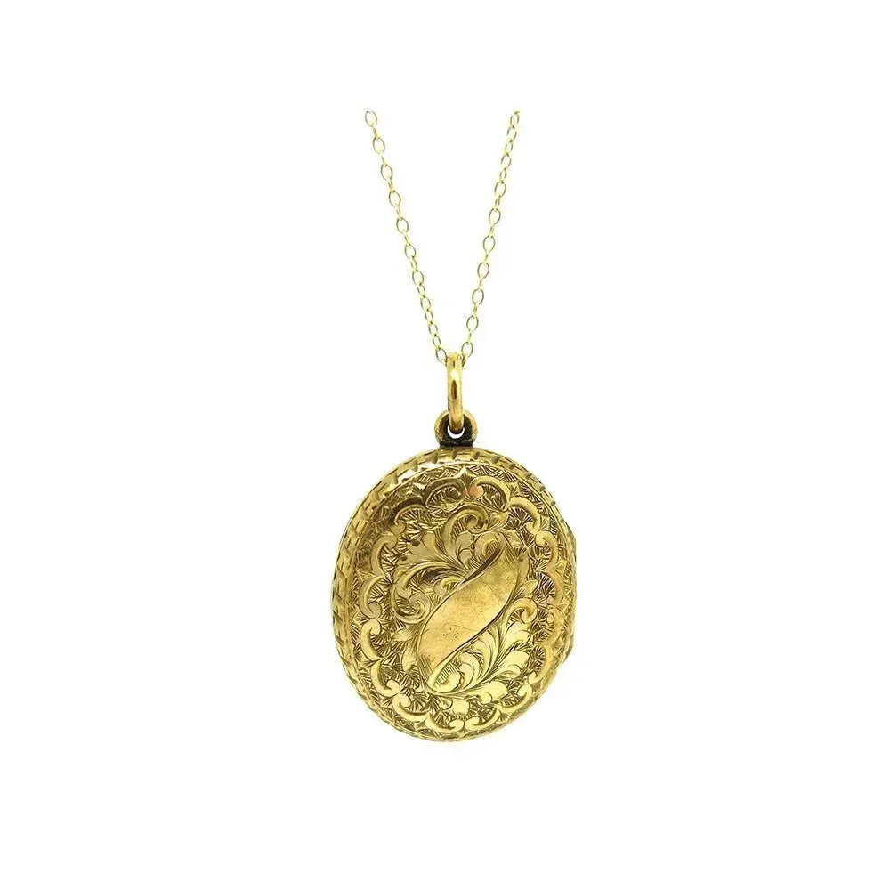 Antique Victorian Floral Engraved 9ct Yellow Gold Locket Necklace