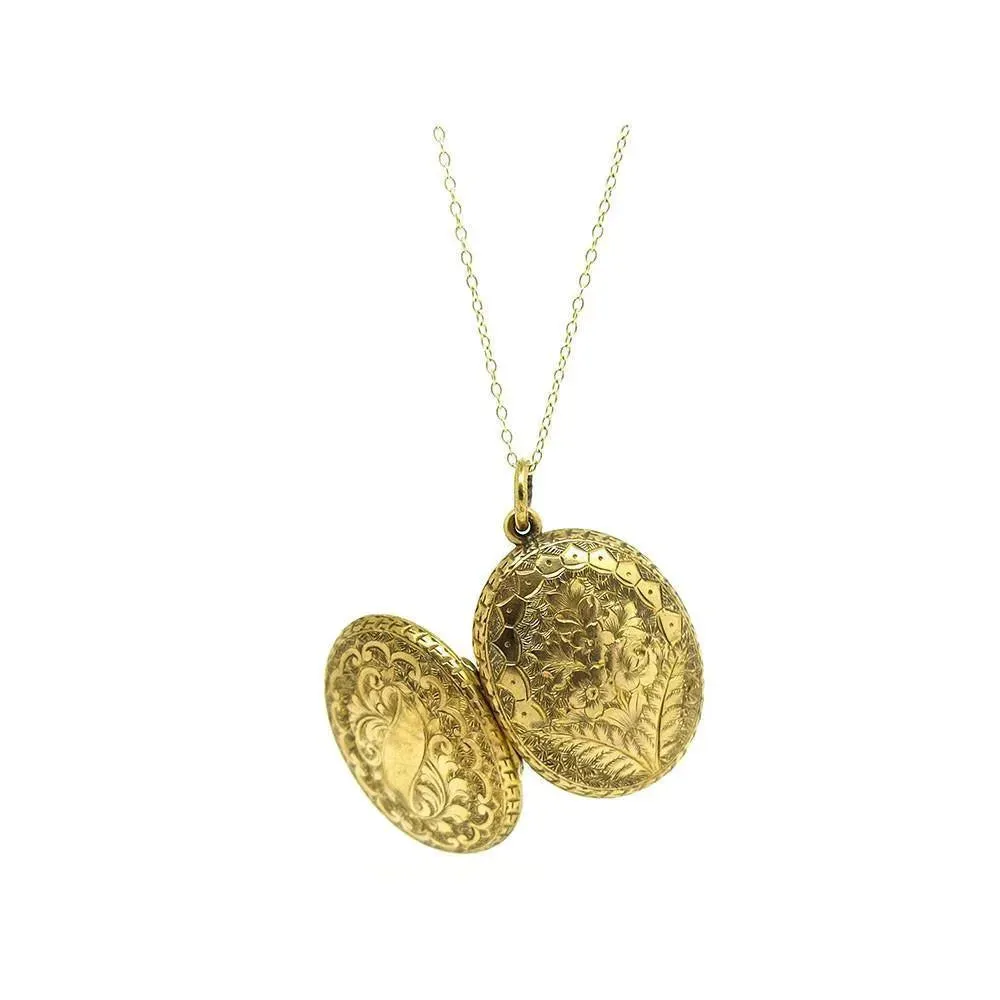 Antique Victorian Floral Engraved 9ct Yellow Gold Locket Necklace