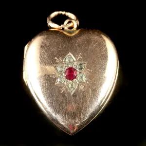 Antique Victorian Gold Heart Locket Ruby Paste Circa 1900