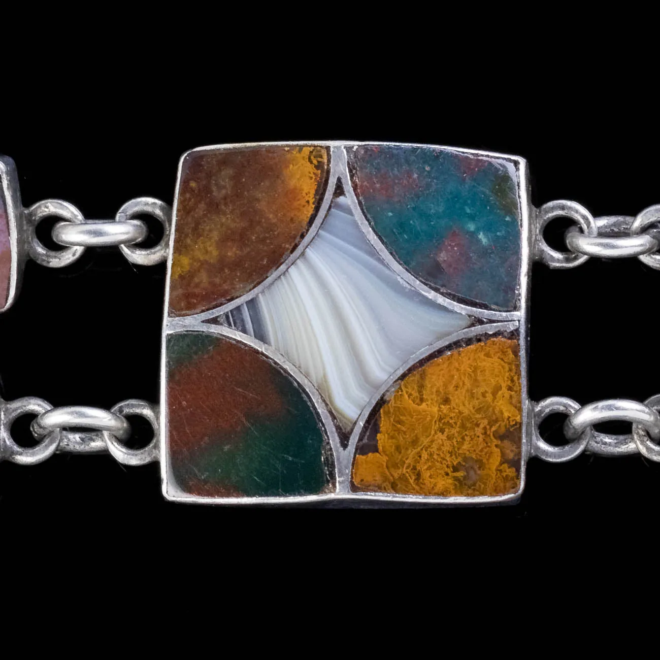 Antique Victorian Scottish Agate Link Bracelet Silver Circa 1860