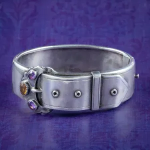 Antique Victorian Scottish Silver Buckle Bangle Amethyst Citrine Circa 1860