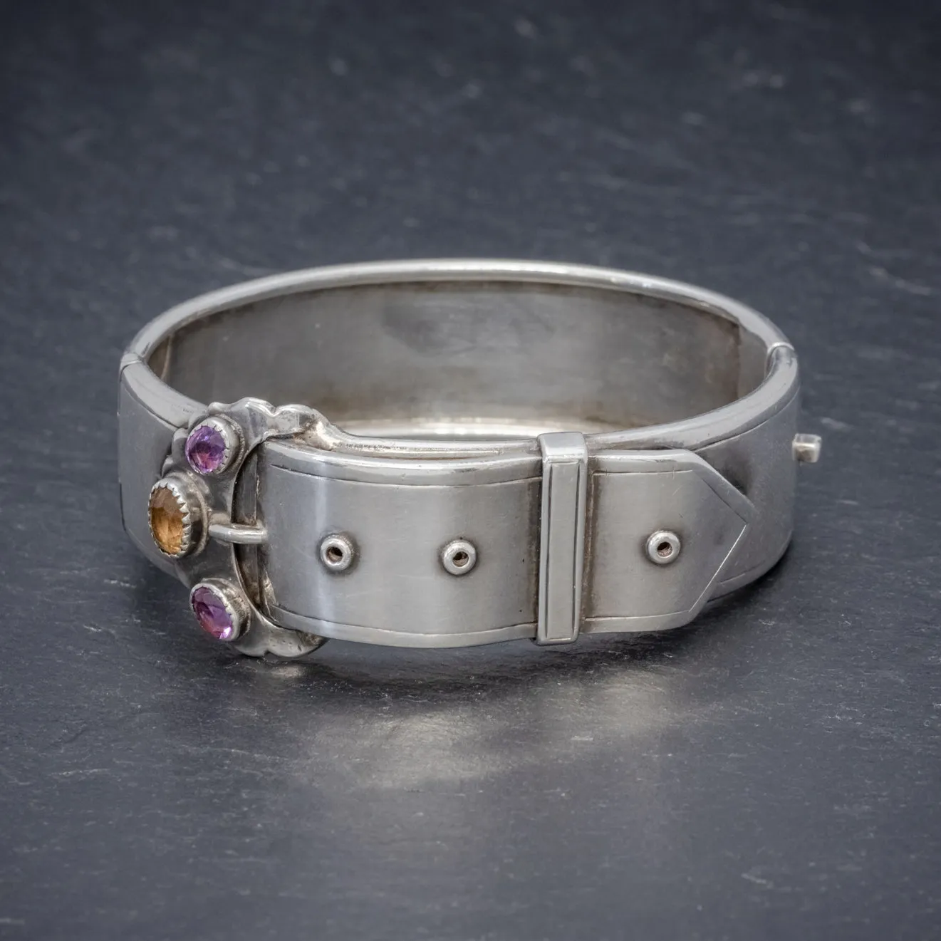 Antique Victorian Scottish Silver Buckle Bangle Amethyst Citrine Circa 1860