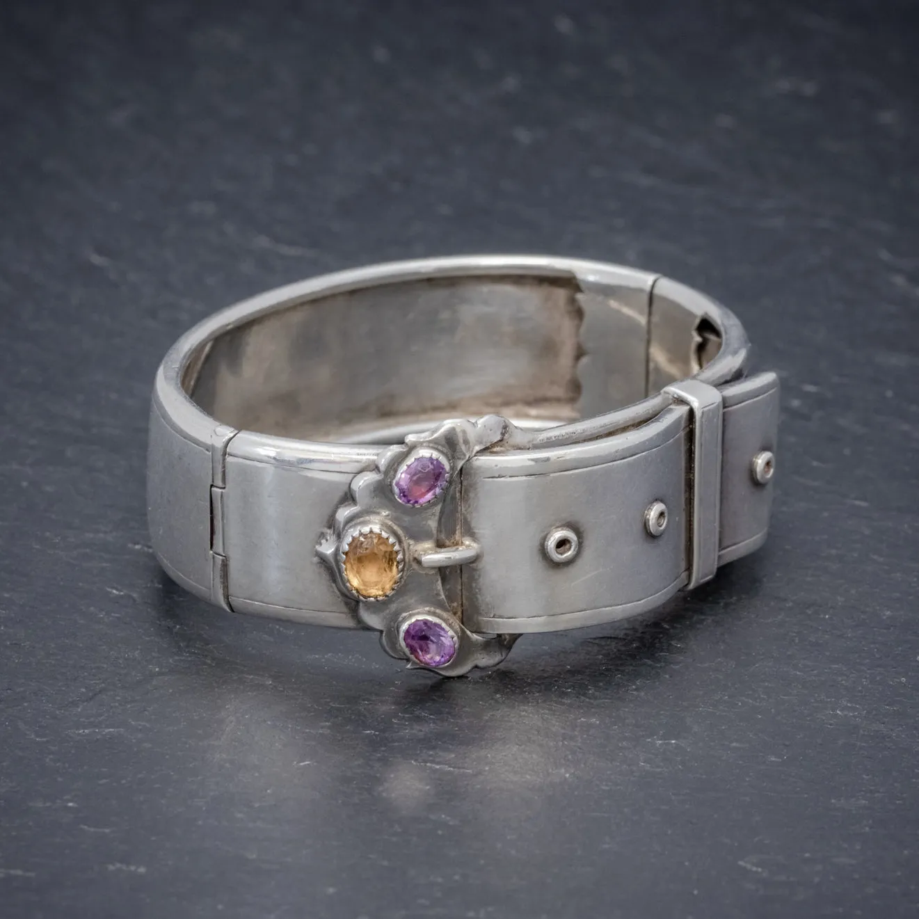 Antique Victorian Scottish Silver Buckle Bangle Amethyst Citrine Circa 1860