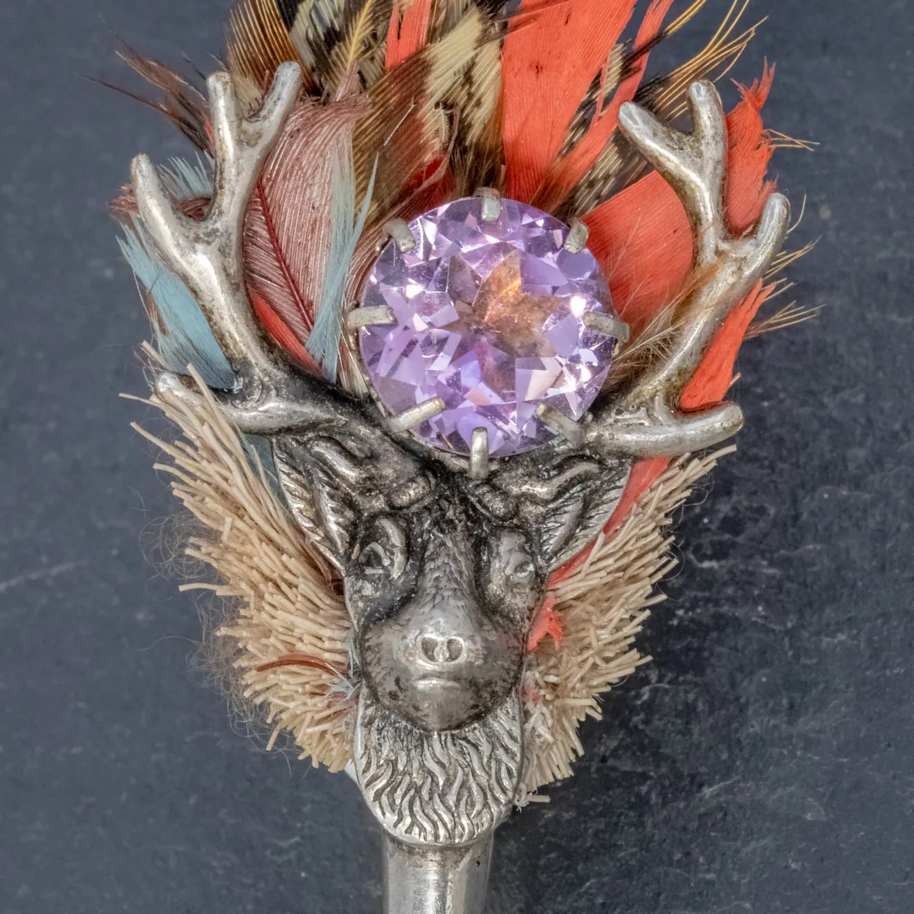 Antique Victorian Stag Brooch Amethyst Silver Circa 1860