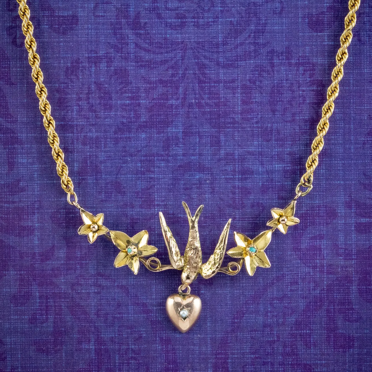 Antique Victorian Swallow Heart Ivy Necklace 9ct Gold