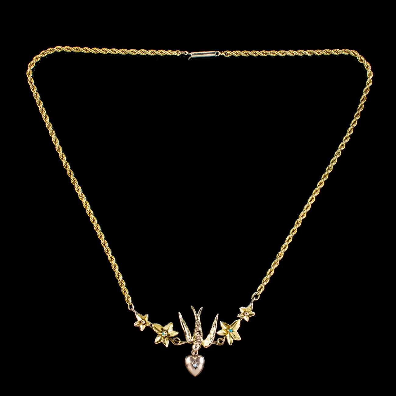 Antique Victorian Swallow Heart Ivy Necklace 9ct Gold