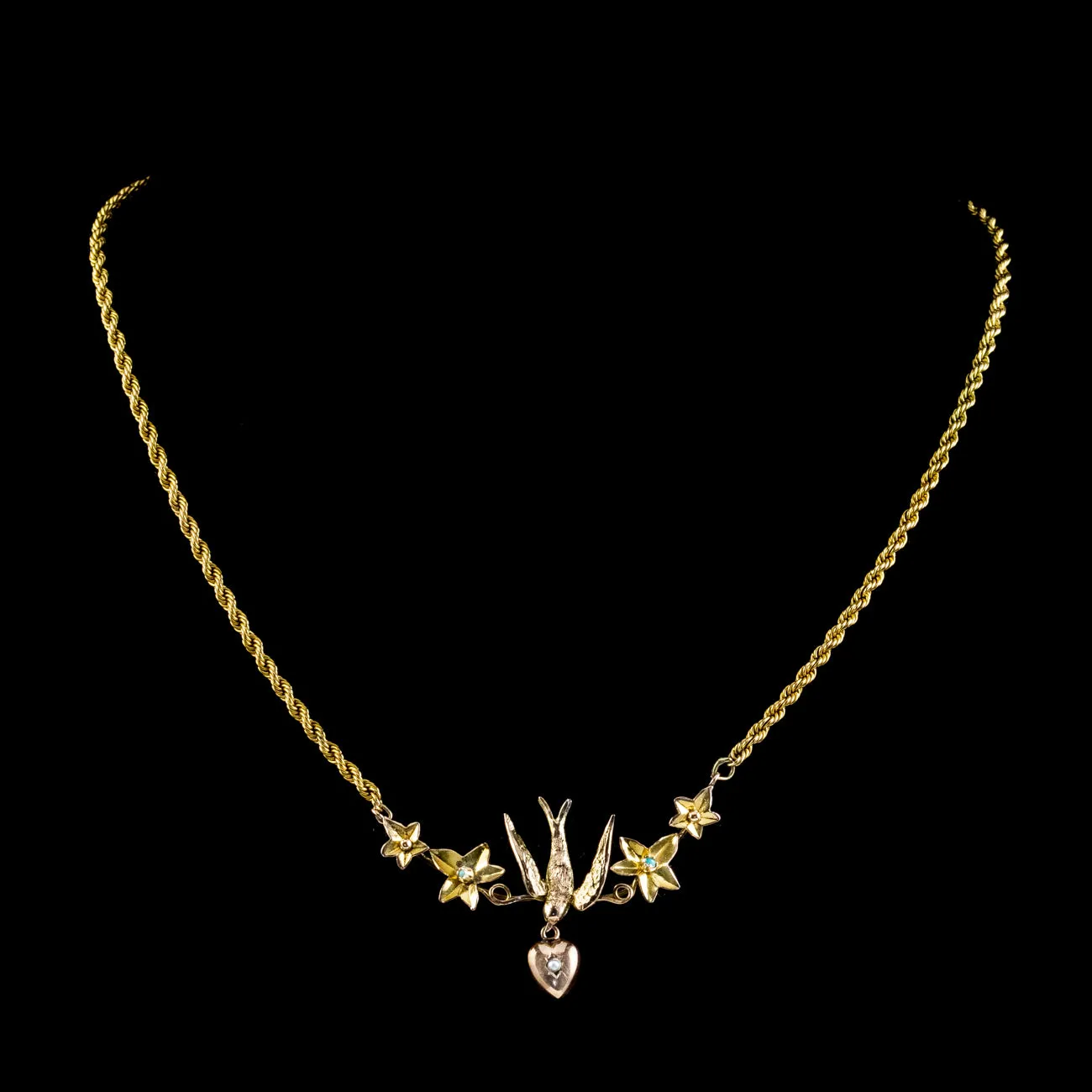 Antique Victorian Swallow Heart Ivy Necklace 9ct Gold