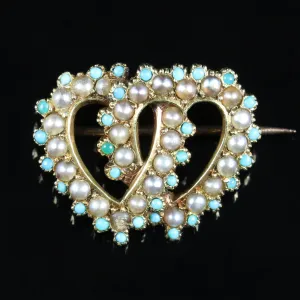 Antique Victorian Turquoise Pearl Double Heart Brooch Circa 1900