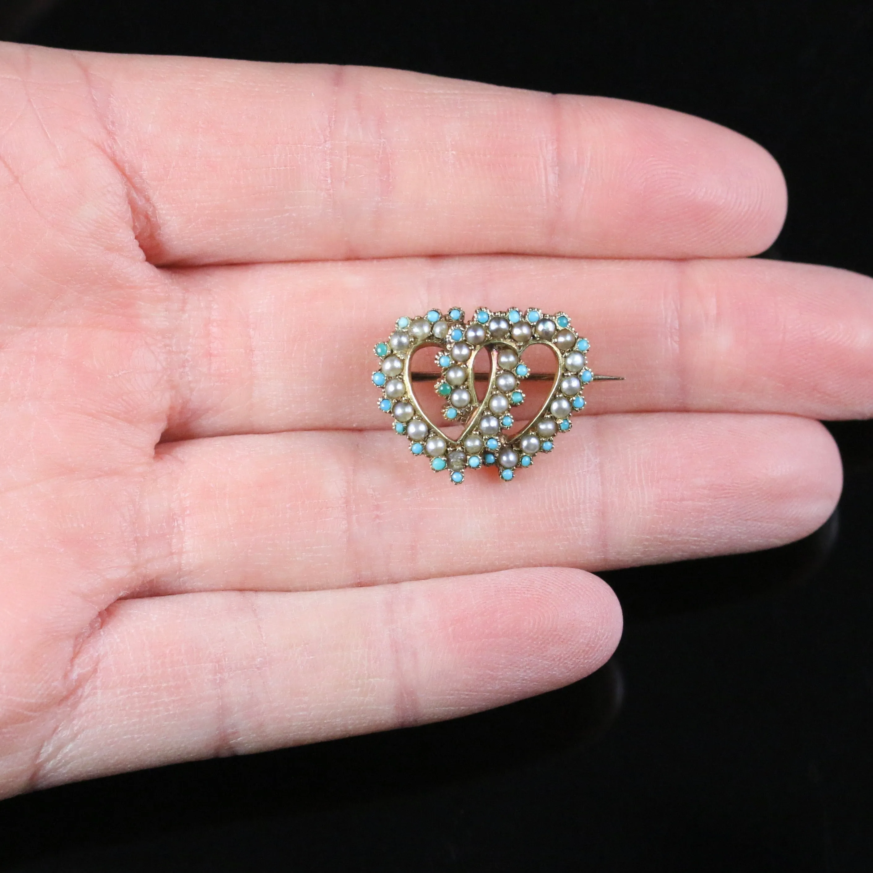 Antique Victorian Turquoise Pearl Double Heart Brooch Circa 1900