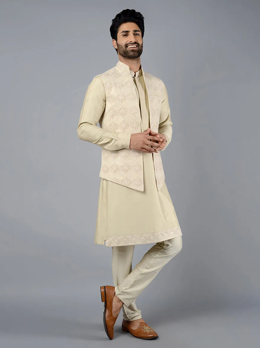 Beige Embroidered Regular Fit Kurta Set With Bandhgala Jacket | TULA