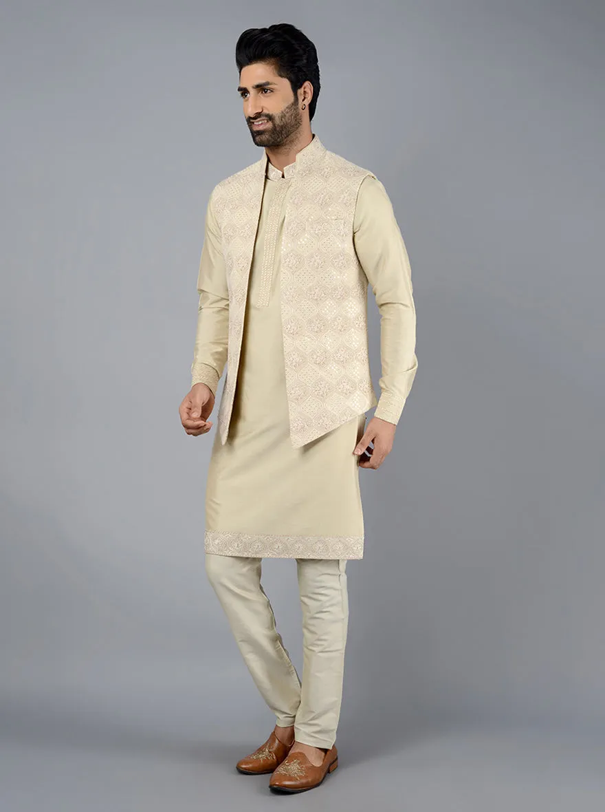 Beige Embroidered Regular Fit Kurta Set With Bandhgala Jacket | TULA