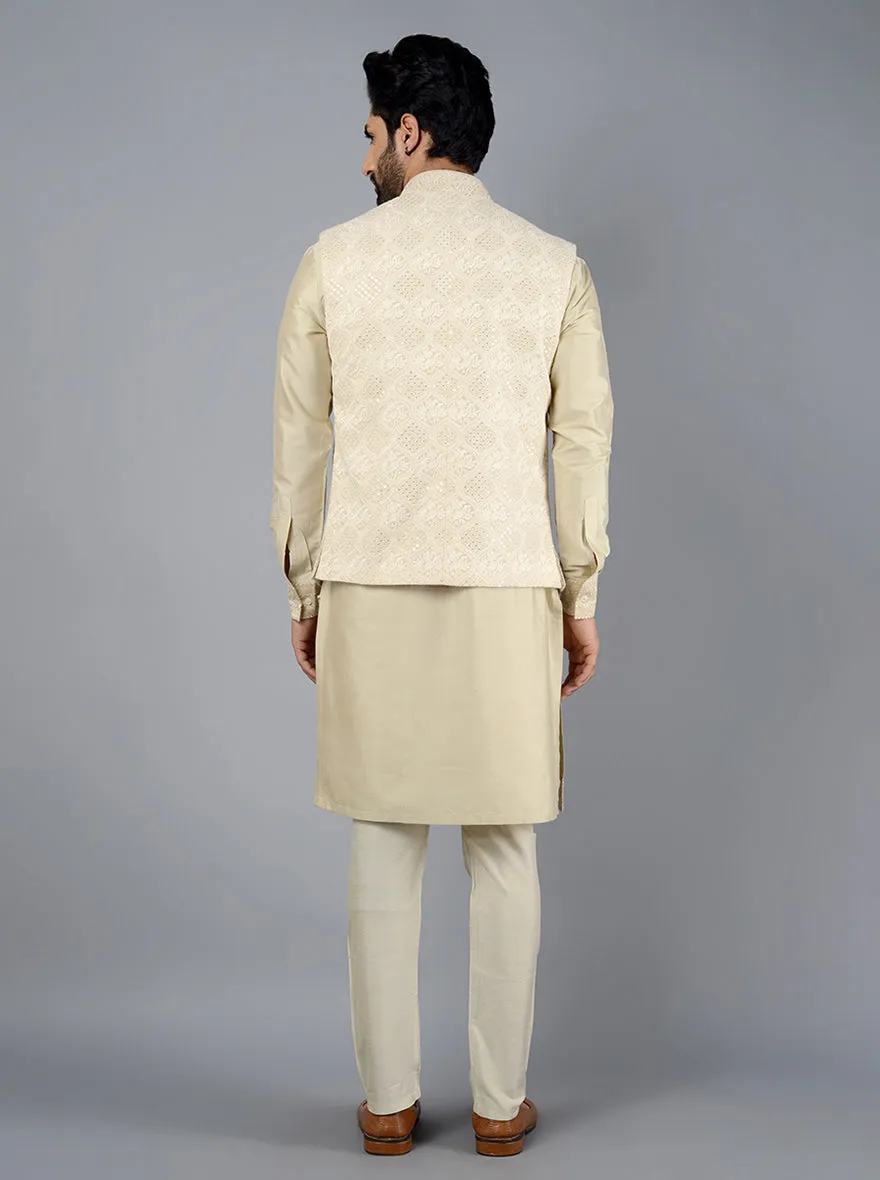 Beige Embroidered Regular Fit Kurta Set With Bandhgala Jacket | TULA