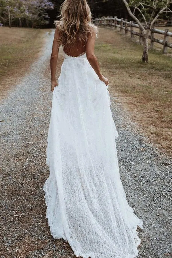 Bohemian A Line V Neck Lace Split Wedding Dresses with Appliques  WD560