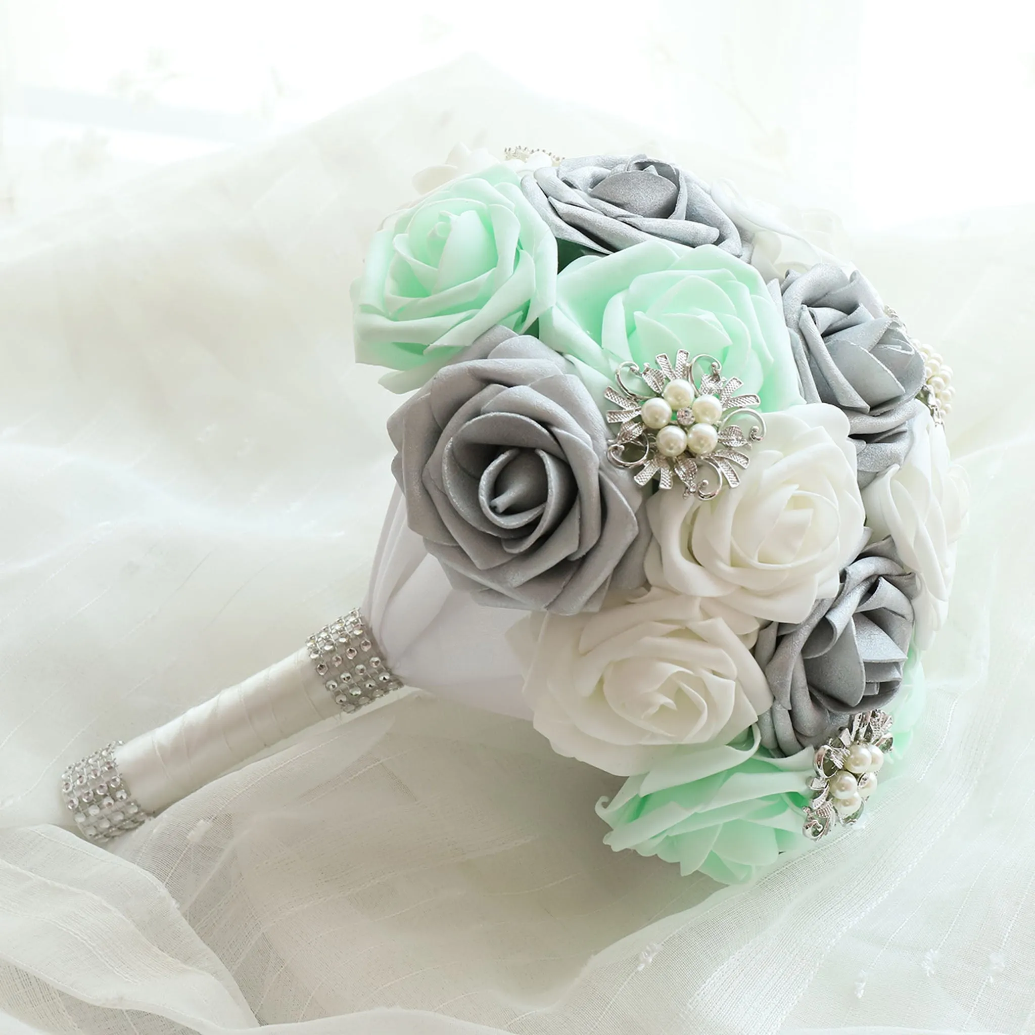 Bridal Bouquet Mint White Silver Roses