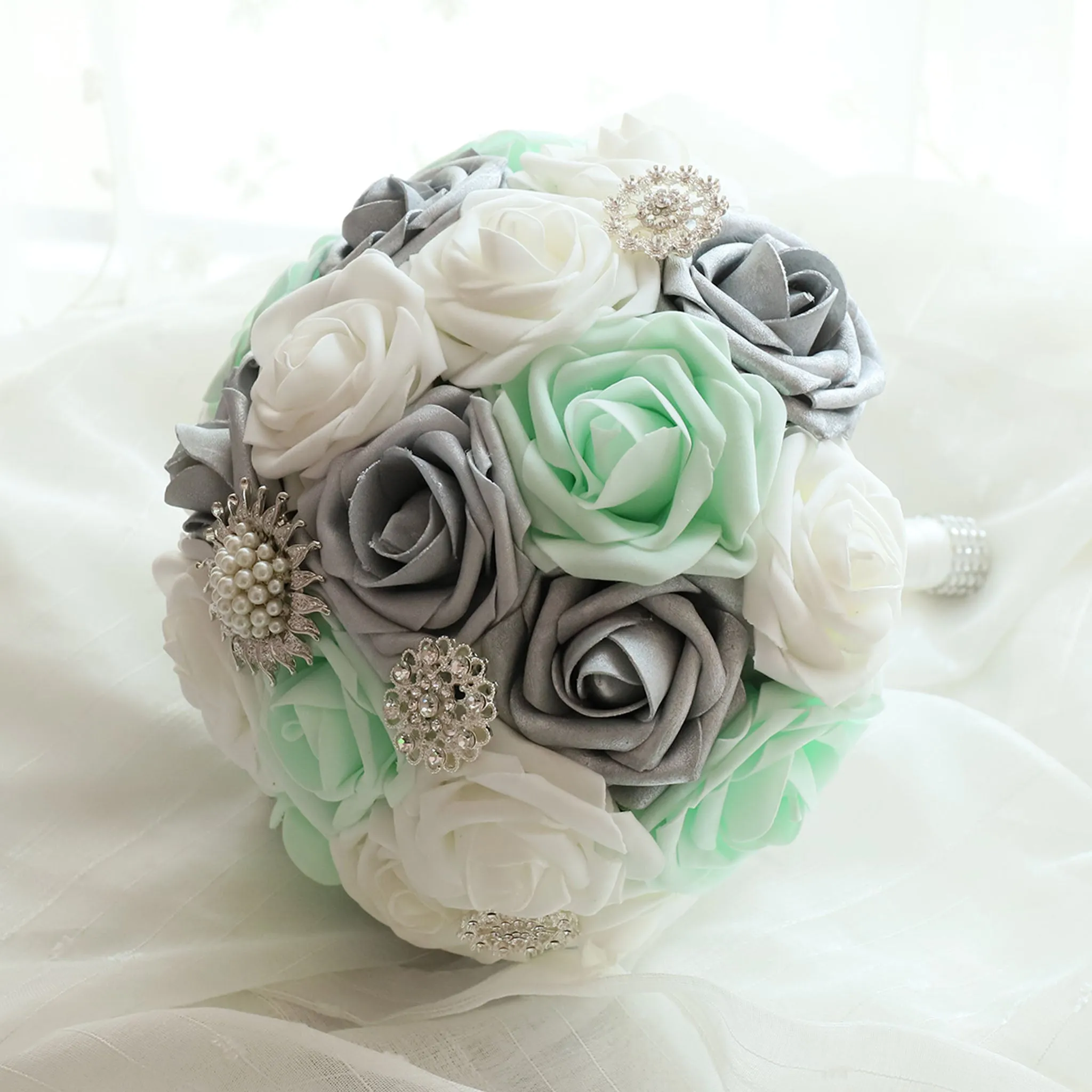 Bridal Bouquet Mint White Silver Roses