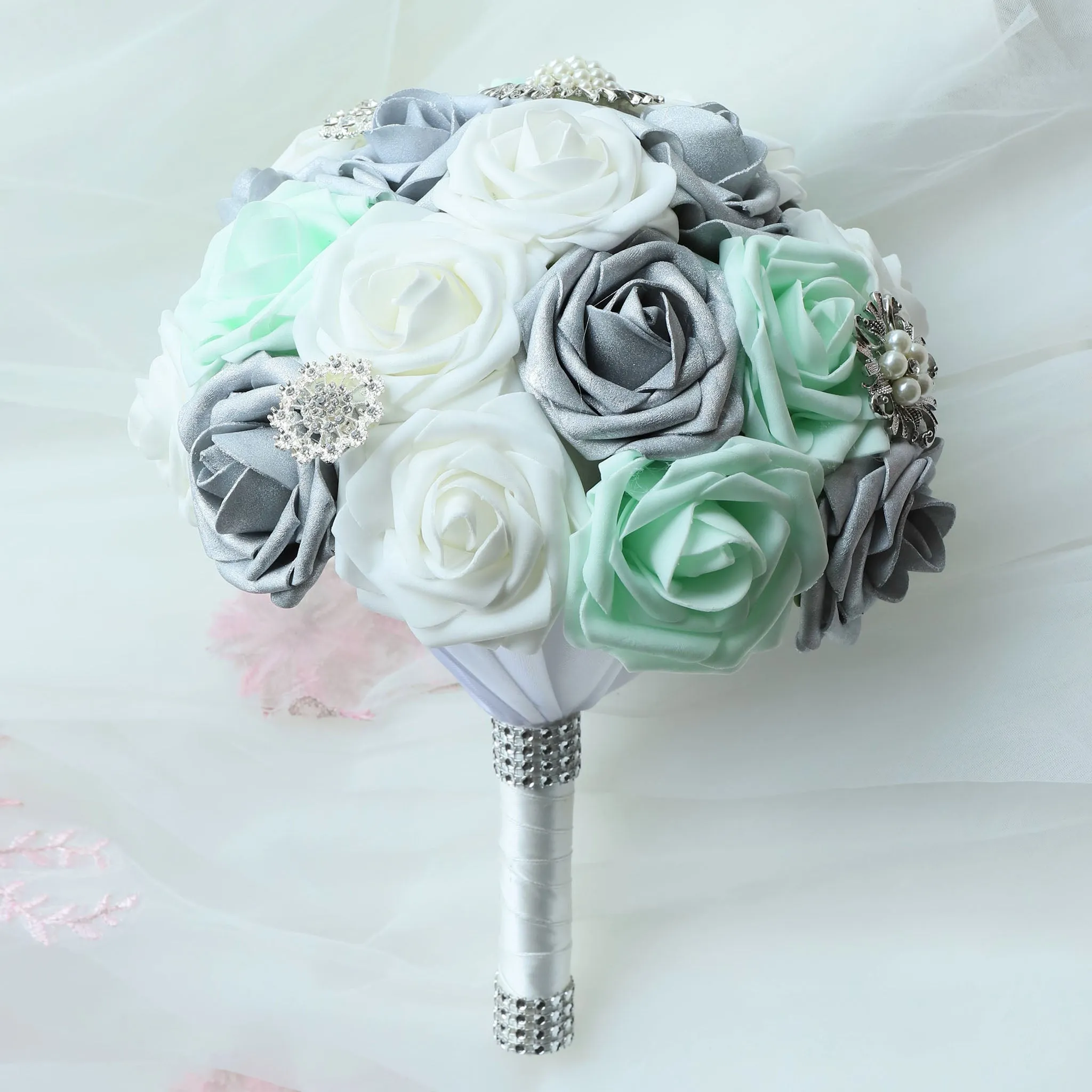 Bridal Bouquet Mint White Silver Roses