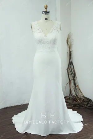 Designer Lace Crepe Vintage V-neck Sleeveless Mermaid Wedding Dress