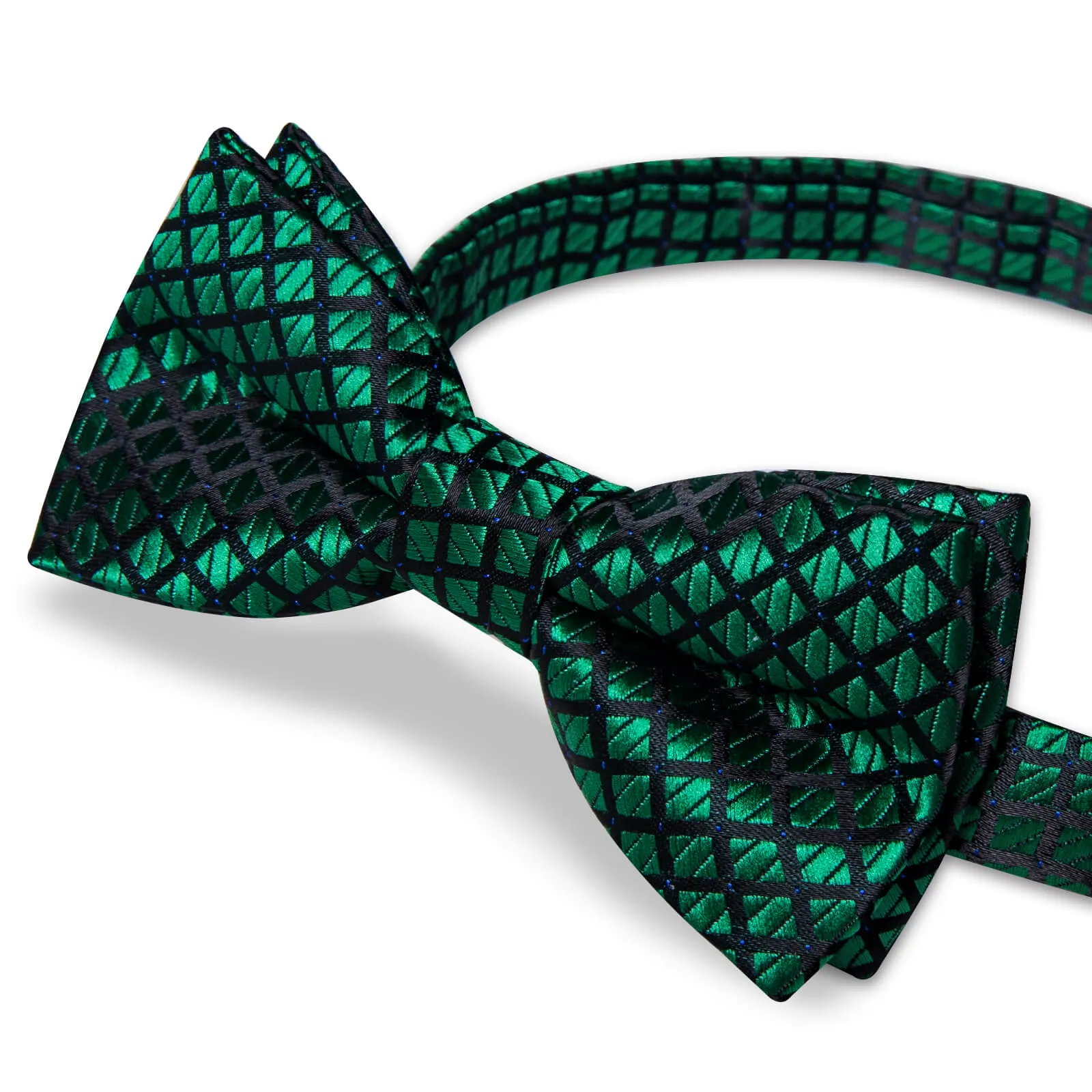 DiBanGu Kids Bow Tie Dark Green Black Plaid Silk Pre-Bow Tie Hanky Set