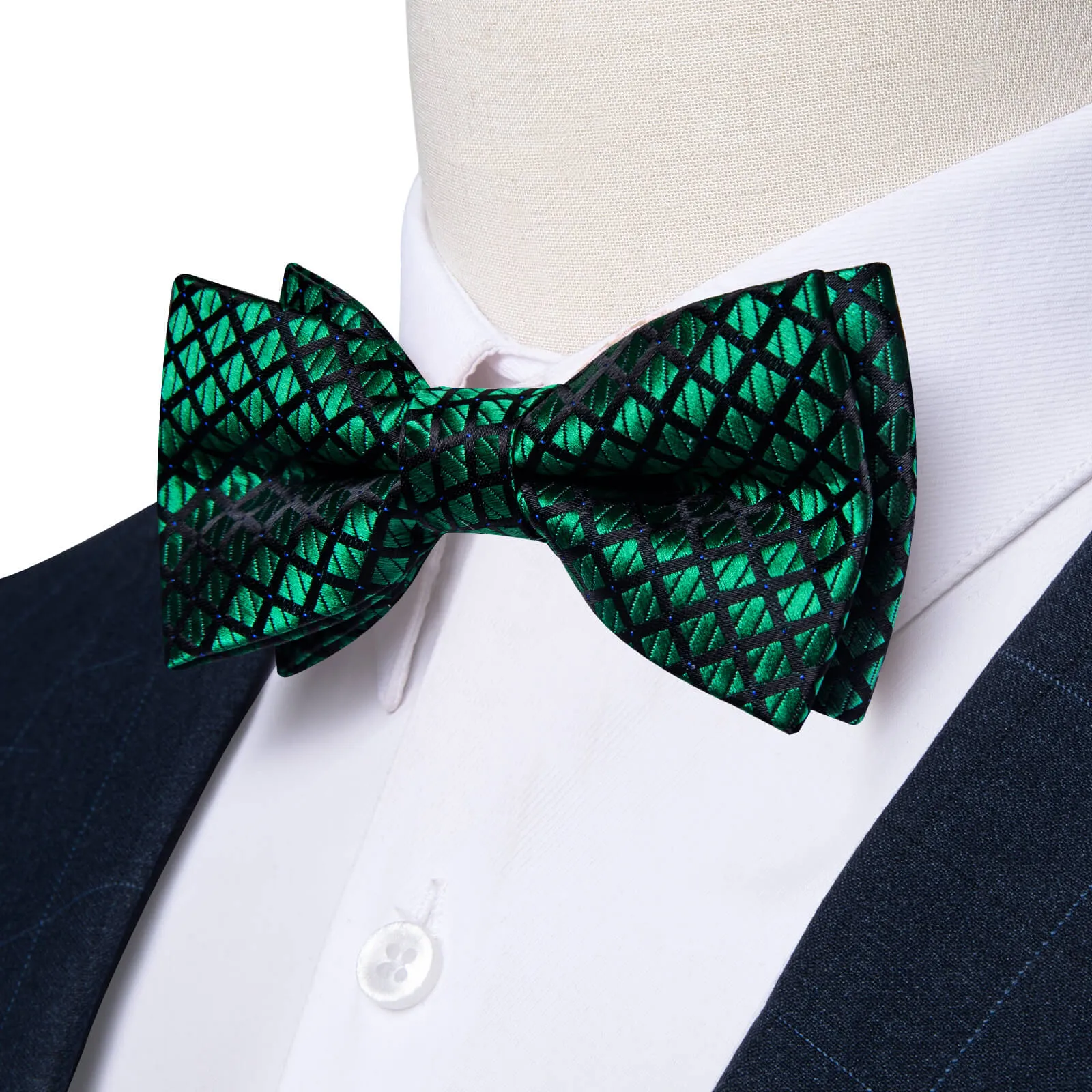 DiBanGu Kids Bow Tie Dark Green Black Plaid Silk Pre-Bow Tie Hanky Set