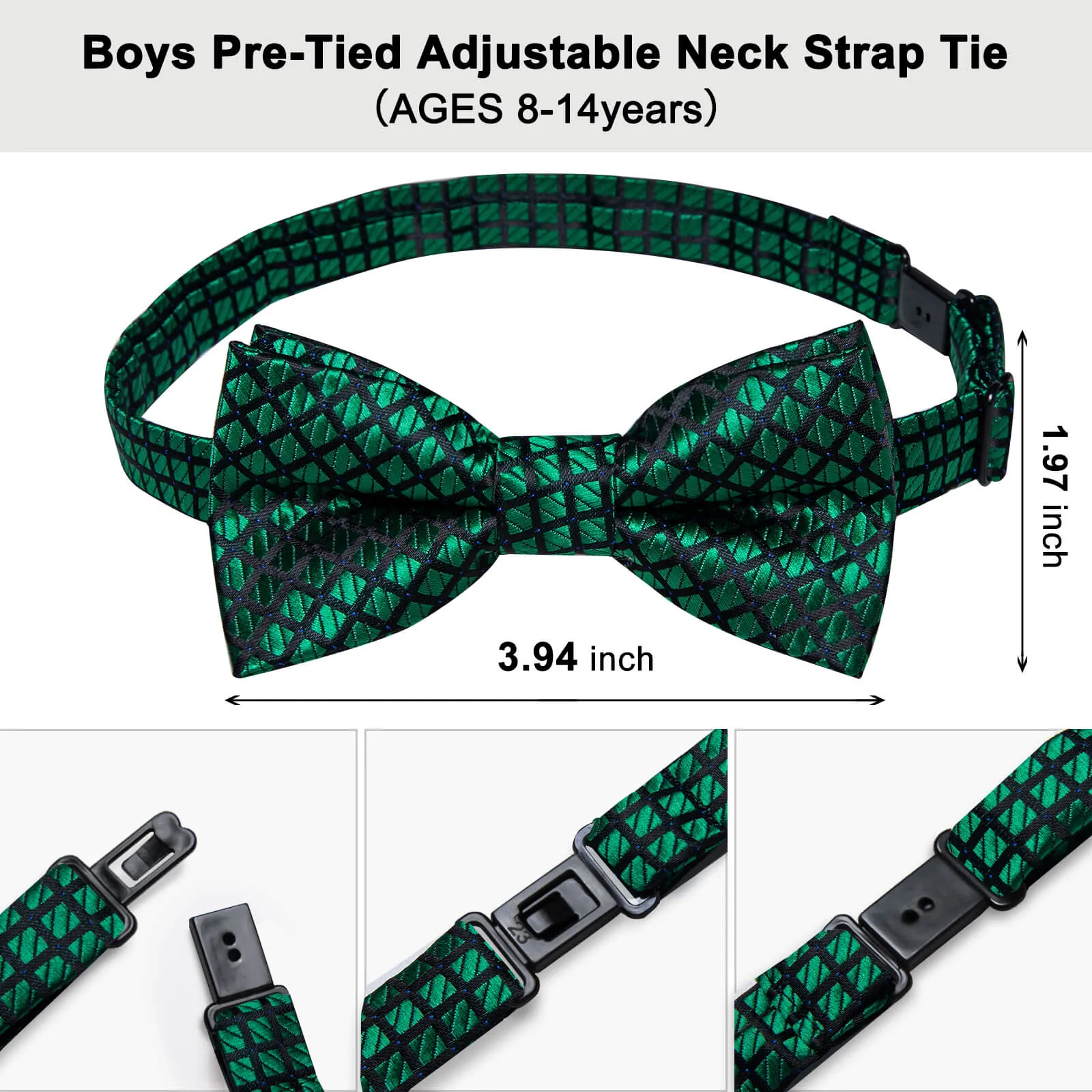 DiBanGu Kids Bow Tie Dark Green Black Plaid Silk Pre-Bow Tie Hanky Set