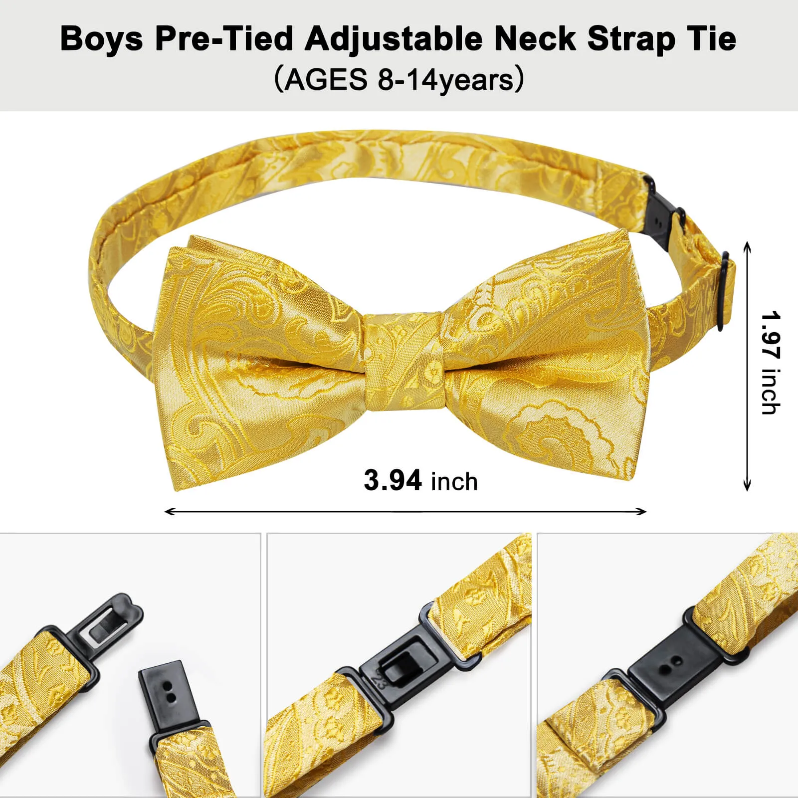 DiBanGu Kids Bow Tie Macaroon Yellow Paisley Silk Pre-Bow Tie Hanky Set