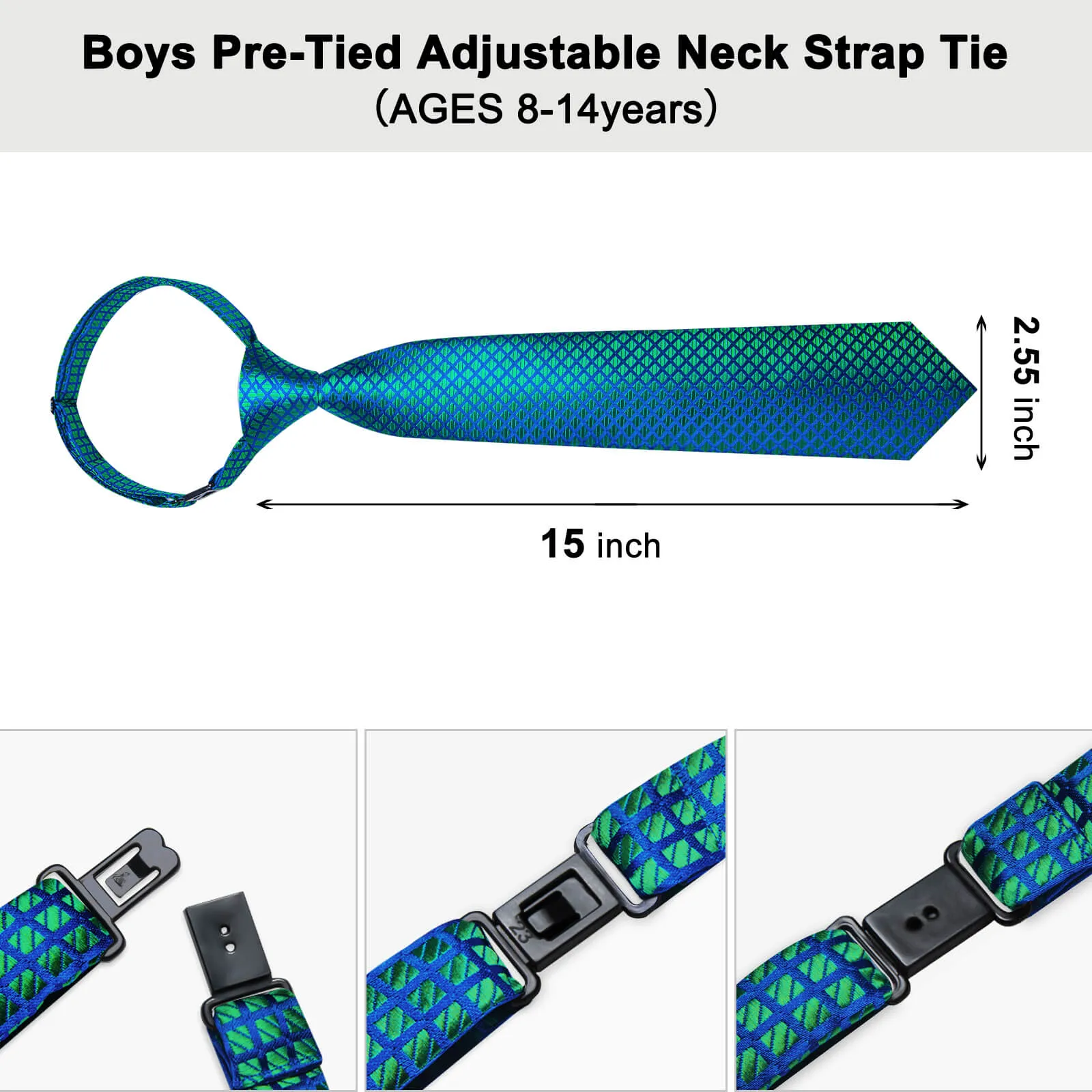 DiBanGu Kids Tie Green Blue Woven Plaid Silk Tie Pocket Square Set