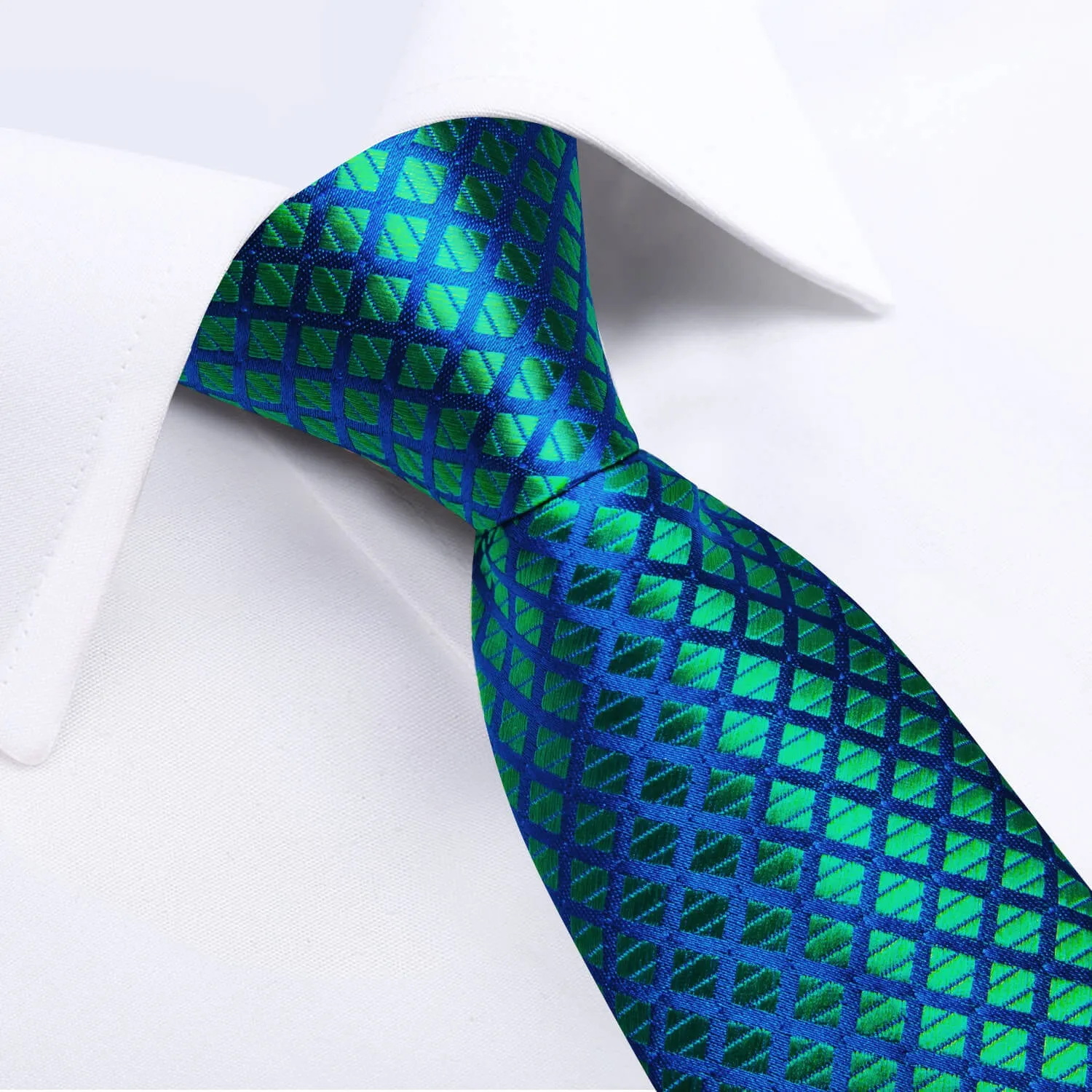 DiBanGu Kids Tie Green Blue Woven Plaid Silk Tie Pocket Square Set