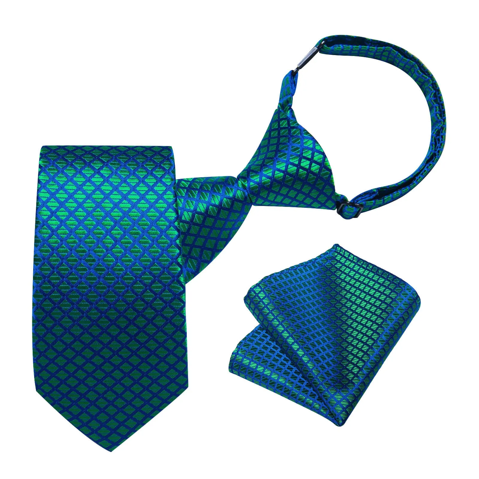 DiBanGu Kids Tie Green Blue Woven Plaid Silk Tie Pocket Square Set